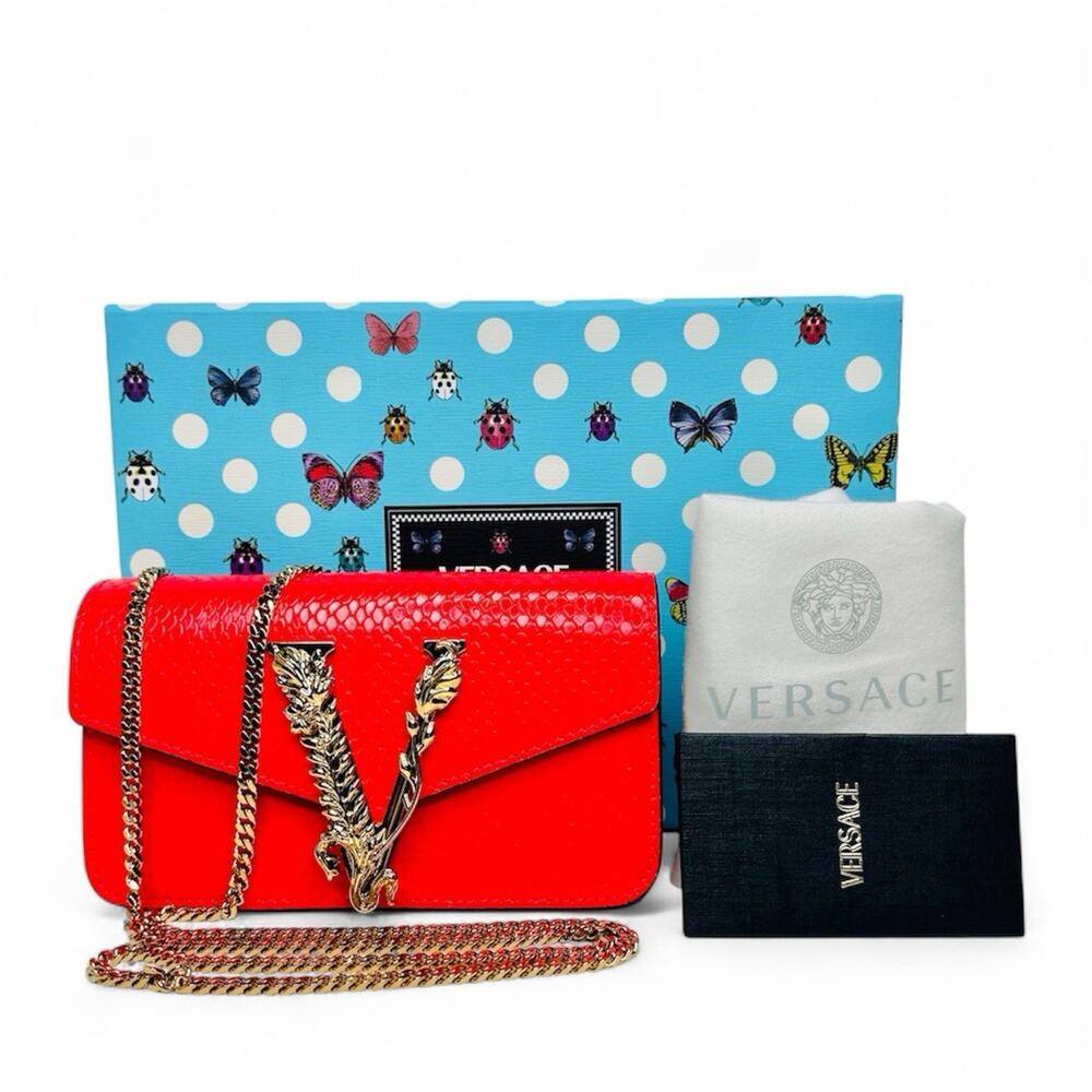 NWT Versace Virtus Gold Engraved Coral Red Leather Mini Evening Crossbody Bag